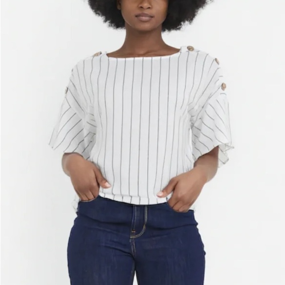 Ellen Tracy Linen Blend Vertical Stripe Button-Shoulder Top Blouse Size Medium